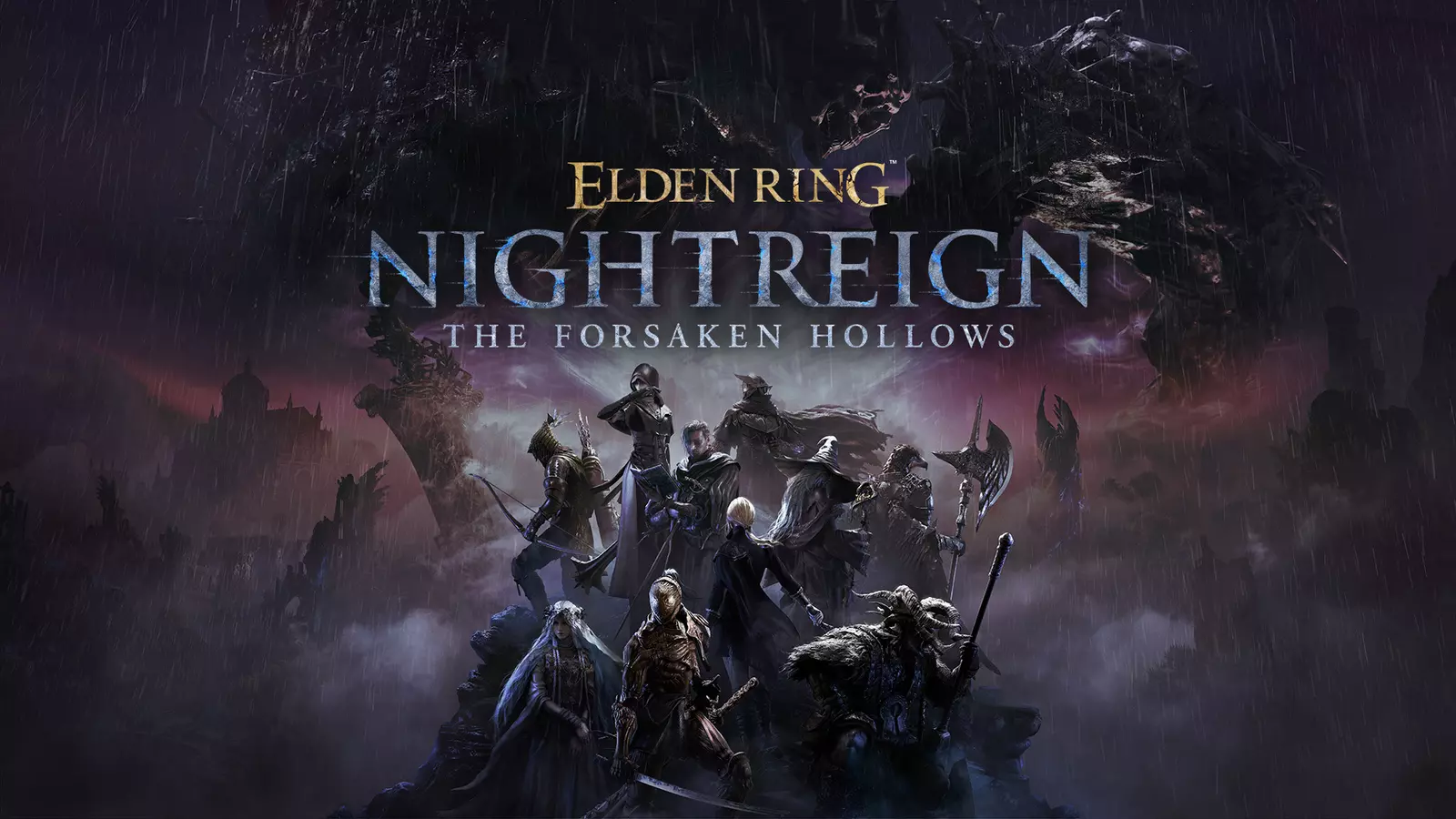 Arte oficial da DLC The Forsaken Hollows de Elden Ring mostrando um cenário sombrio com criaturas