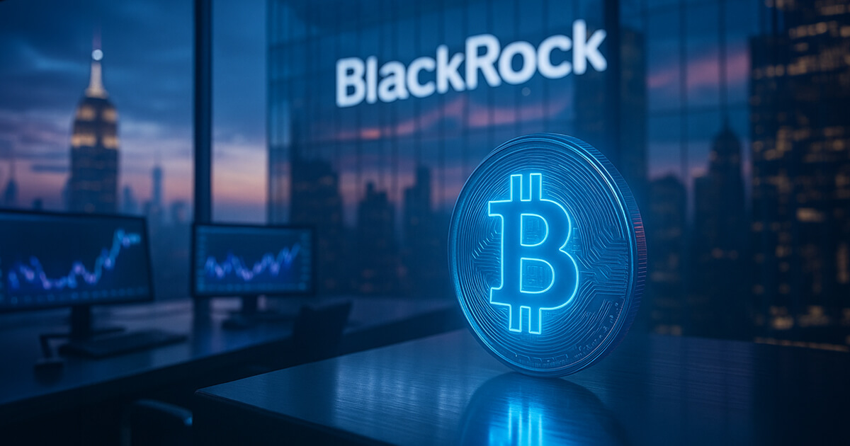 Representação digital de um gráfico financeiro com o logotipo da BlackRock e o símbolo do Bitcoin