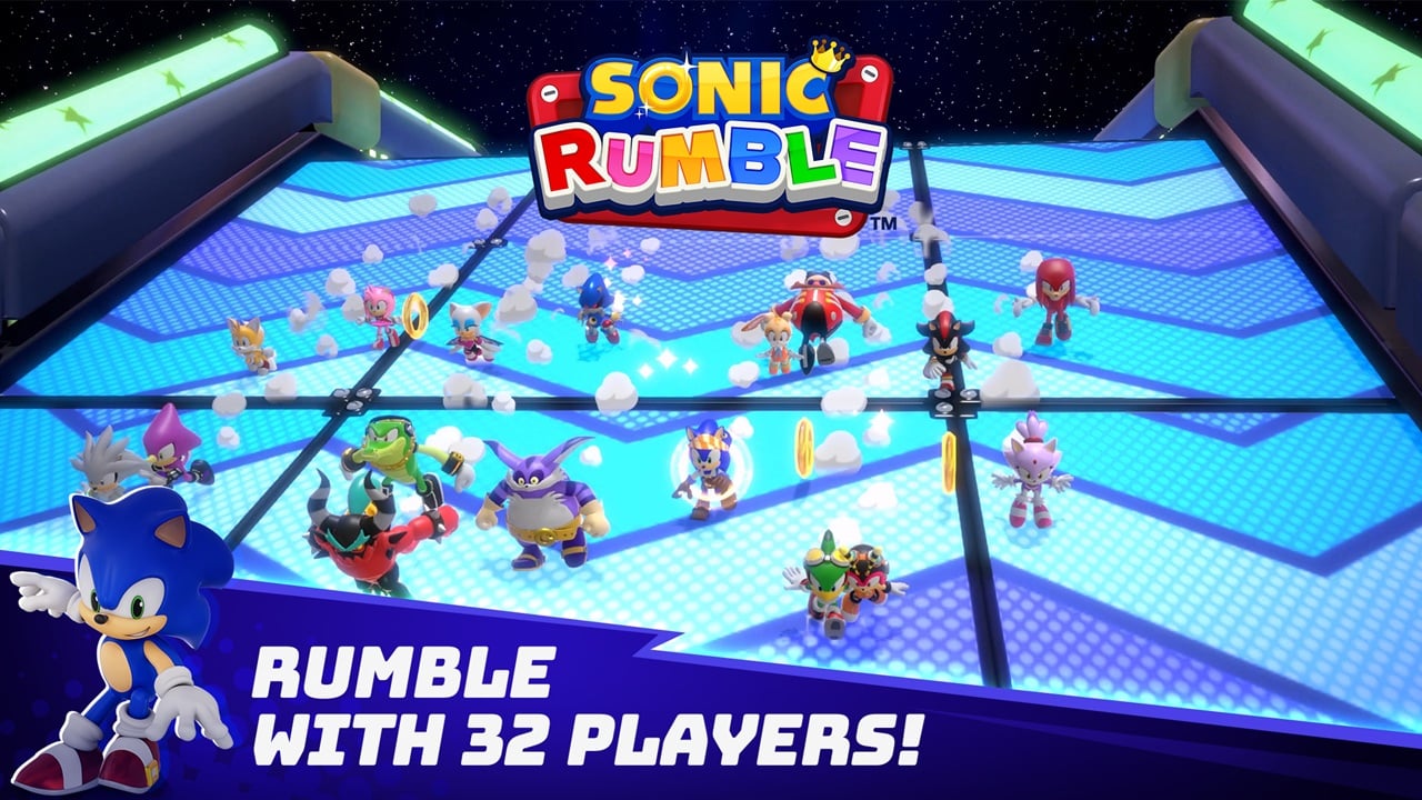 Imagem promocional do jogo Sonic Rumble mostrando personagens correndo em cenário colorido